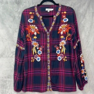 Time For Me Plaid Floral Embroidered  Balloon Sleeves Button Down Shirt Blouse L
